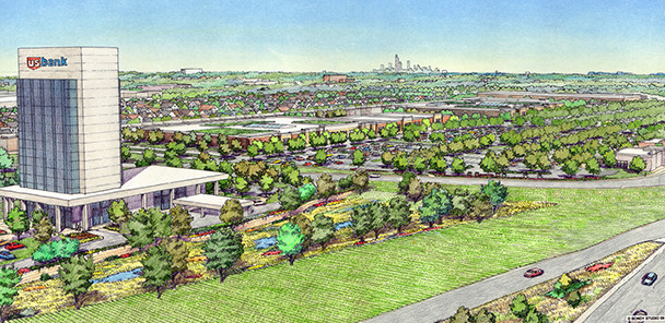 Artist depiction of a large multi-story commercial building surrounded by landscaping.
